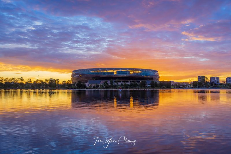 Iconic Perth Stadium autumn sunrise